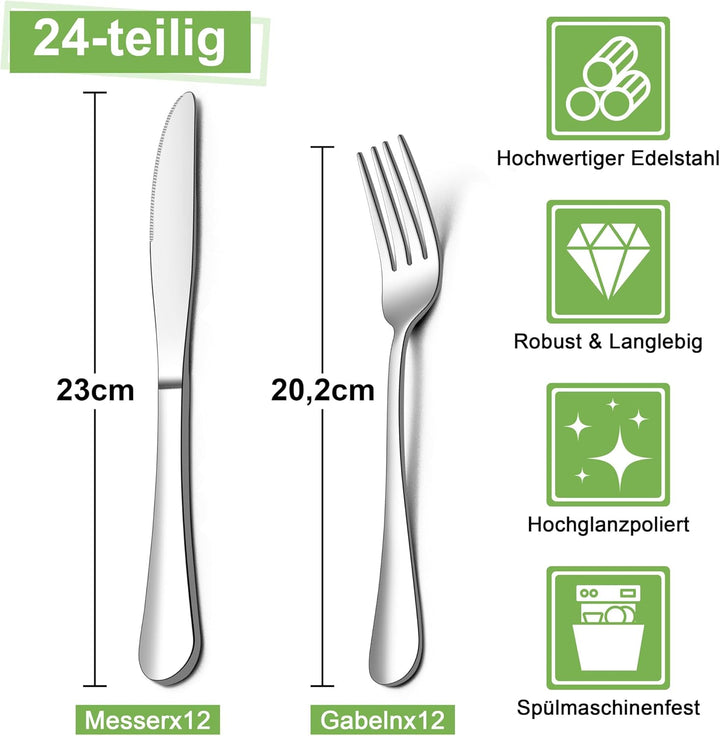Joyfair Steakbesteck Set, 24-teilig Edelstahl Tafelmesser und Tafelgabeln Set, Steak Besteck Set für