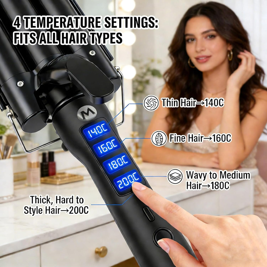 3 Fässer Welleneisen, 25mm Keramik Turmalin Haar Lockenstab Waver Wand mit LCD-Temperaturanzeige, Sc