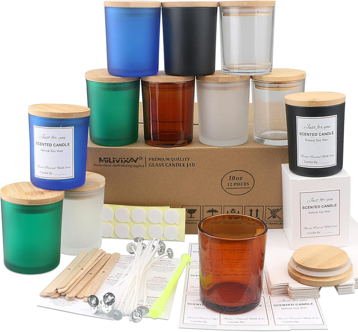 MILIVIXAY 12 Stück 284 ml mehrfarbige Kerzengläser aus Glas mit Deckel und Kerzenherstellungs-Sets –