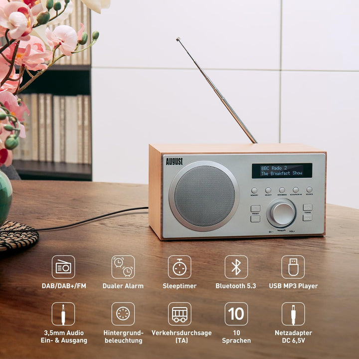 DAB+/FM Radio mit Bluetooth-August MB420-Digitales Küchenradio mit Holzgehäuse mit RDS-Funktion 60 P