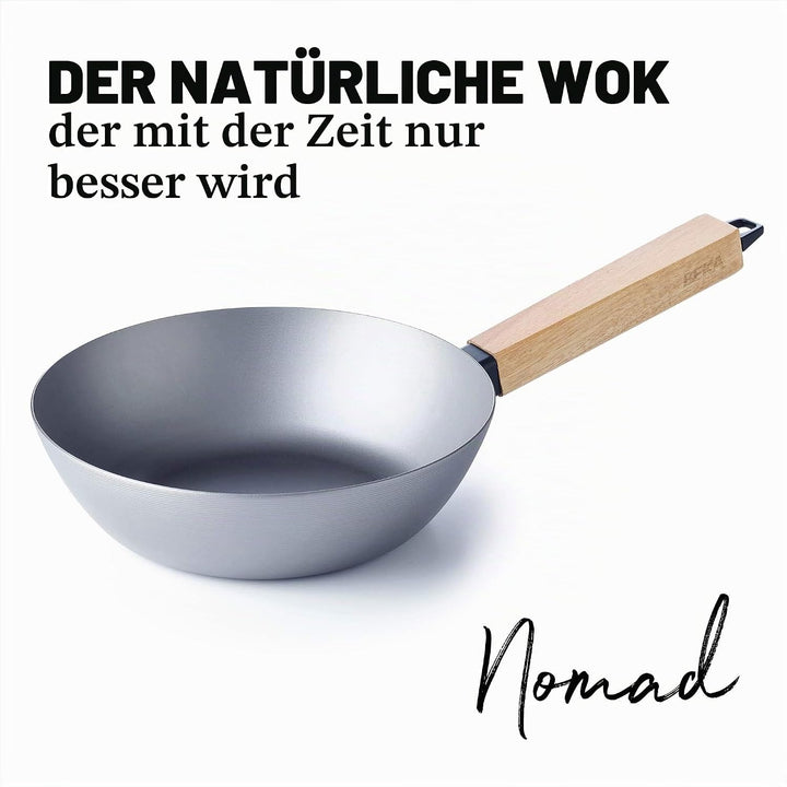 Beka Carbonstahl Wokpfanne Induktion und Barbecue, mit hitzeabweisendem Griff aus Holz, ohne Deckel,