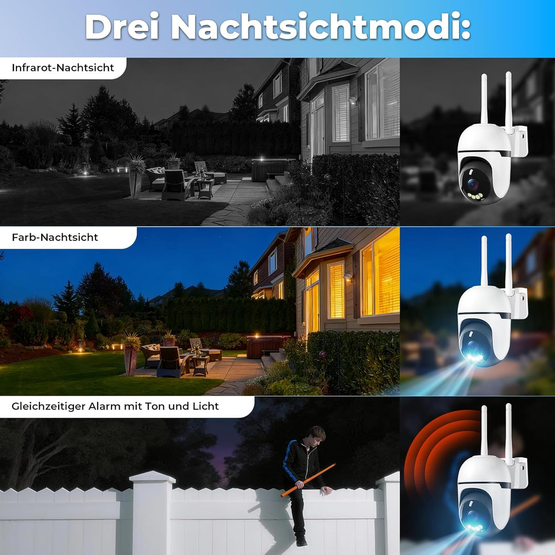 2K Überwachungskamera Aussen, WLAN 360° Kamera 3MP 2.4G & 5G WiFi mit Farbiger Nachsicht, IP66, Zwei