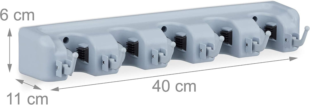 Relaxdays Gerätehalter Wandhalterung, 5 Klemmhalter, 6 Klapphaken, Universal Werkzeughalter für Wand