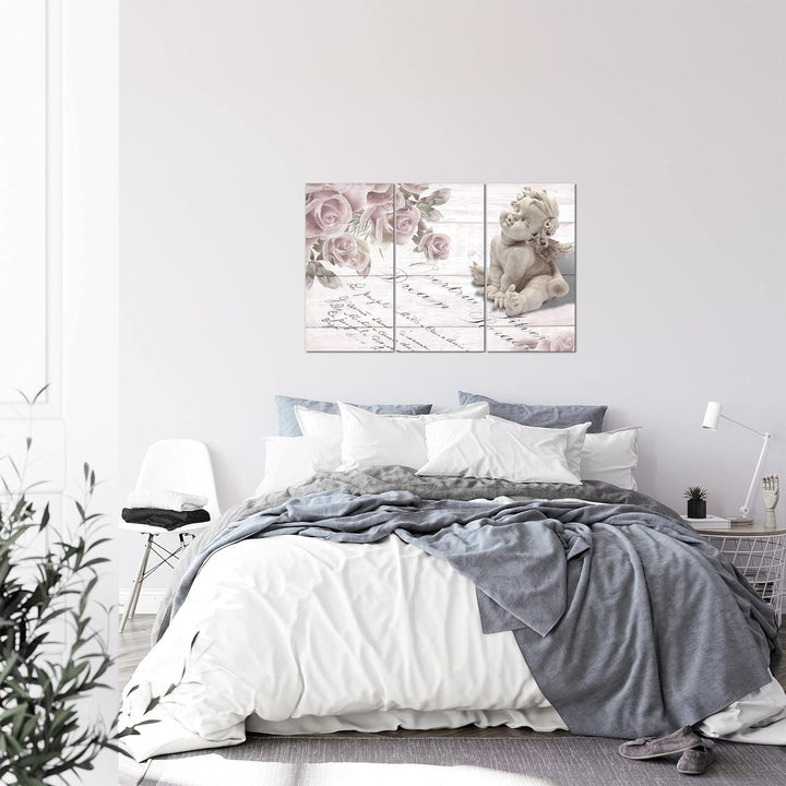 Runa Art Wandbilder Engel Blumen Bild XXL Wohnzimmer Schlafzimmer Grau Rosen Holz 120 x 80 cm 3 Teil