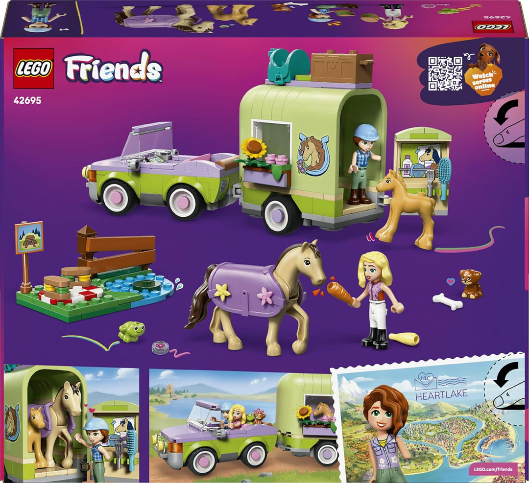 LEGO Friends Pferd und Fohlen mit Pferdeanhänger - Pferde Spielset mit Pflegezubehör, 4 Tierfiguren,