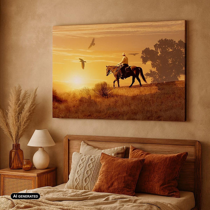Bilder auf Leinwand 100x70cm Leinwandbild Pferd Cowboy Bauernhof Reiten Gross Wanddeko Bild Schlafzi