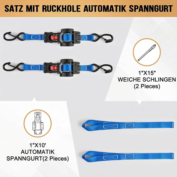 Automatik Spanngurt mit S Haken, 3 m x 25mm Selbstaufrollende Spanngurte, Zurrgurt für LKW, Anhänger