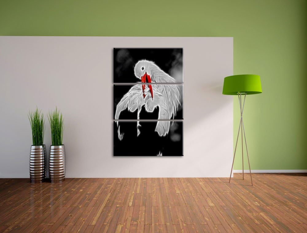 Dark anmutiger grosser Storch putzt sich schwarz/weiss Deluxe 3-Teiler Leinwandbild 120x80 Bild auf