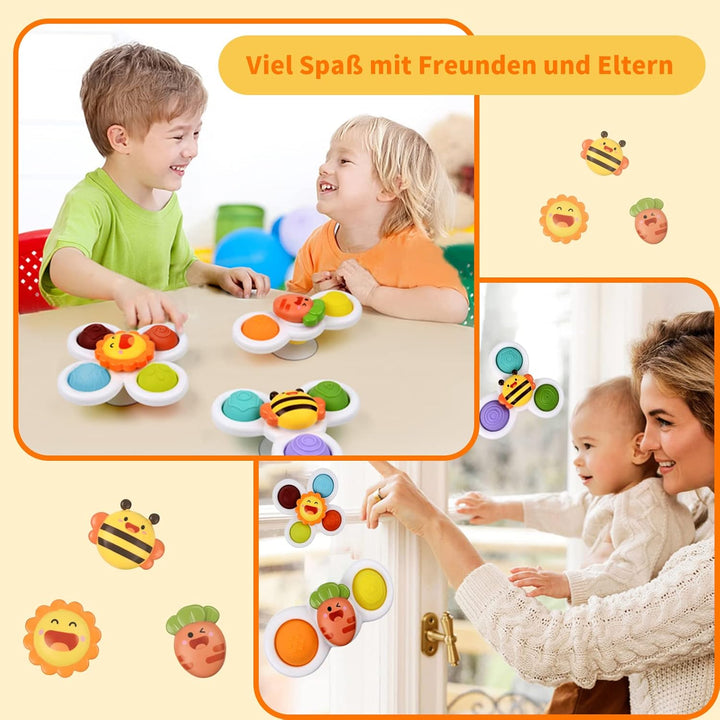 3 Stück Saugnapf Spielzeug, Sensorik Spielzeug Baby 1 Jahr Tisch-Saugnapf Spielzeug Kreisel Kinder B