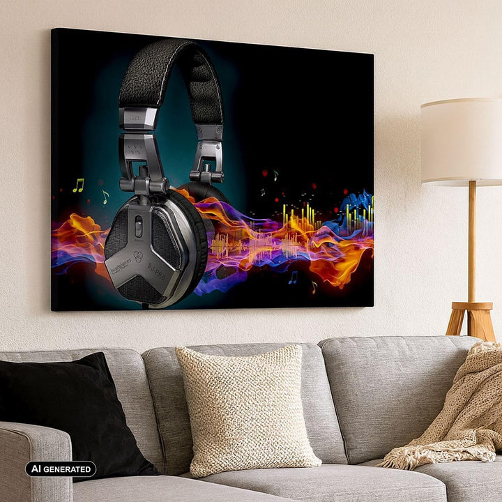 ARTTOR Bilder auf Leinwand 100x70cm Leinwandbild Feuer Audio Kopfhörer Gross Wanddeko Bild Schlafzim