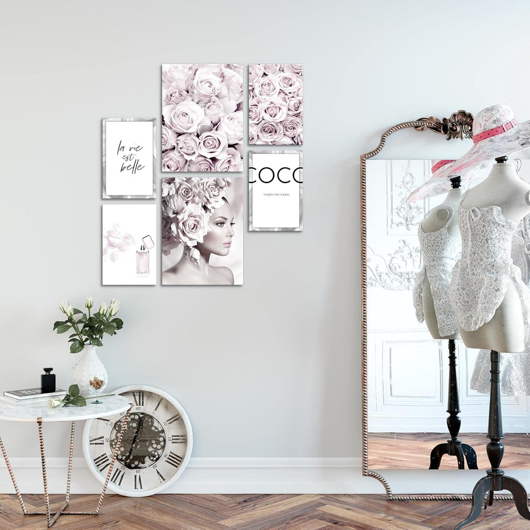 Novart Wandbilder Set Coco Fashion Grau Rosa - KEIN EXTRA RAHMEN BENÖTIGT - Modern Deko - Wohnzimmer