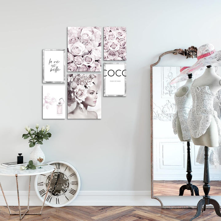 Novart Wandbilder Set Coco Fashion Grau Rosa - KEIN EXTRA RAHMEN BENÖTIGT - Modern Deko - Wohnzimmer