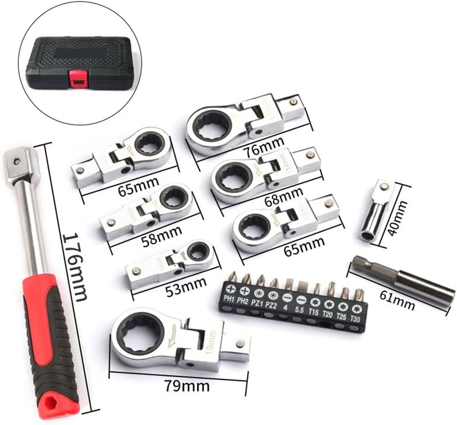 20 Stück Flexkopf-Ratschenschlüssel-Set, 8 mm - 19 mm Wechselbarer Torx-Schraubenschlüssel-Set mit K