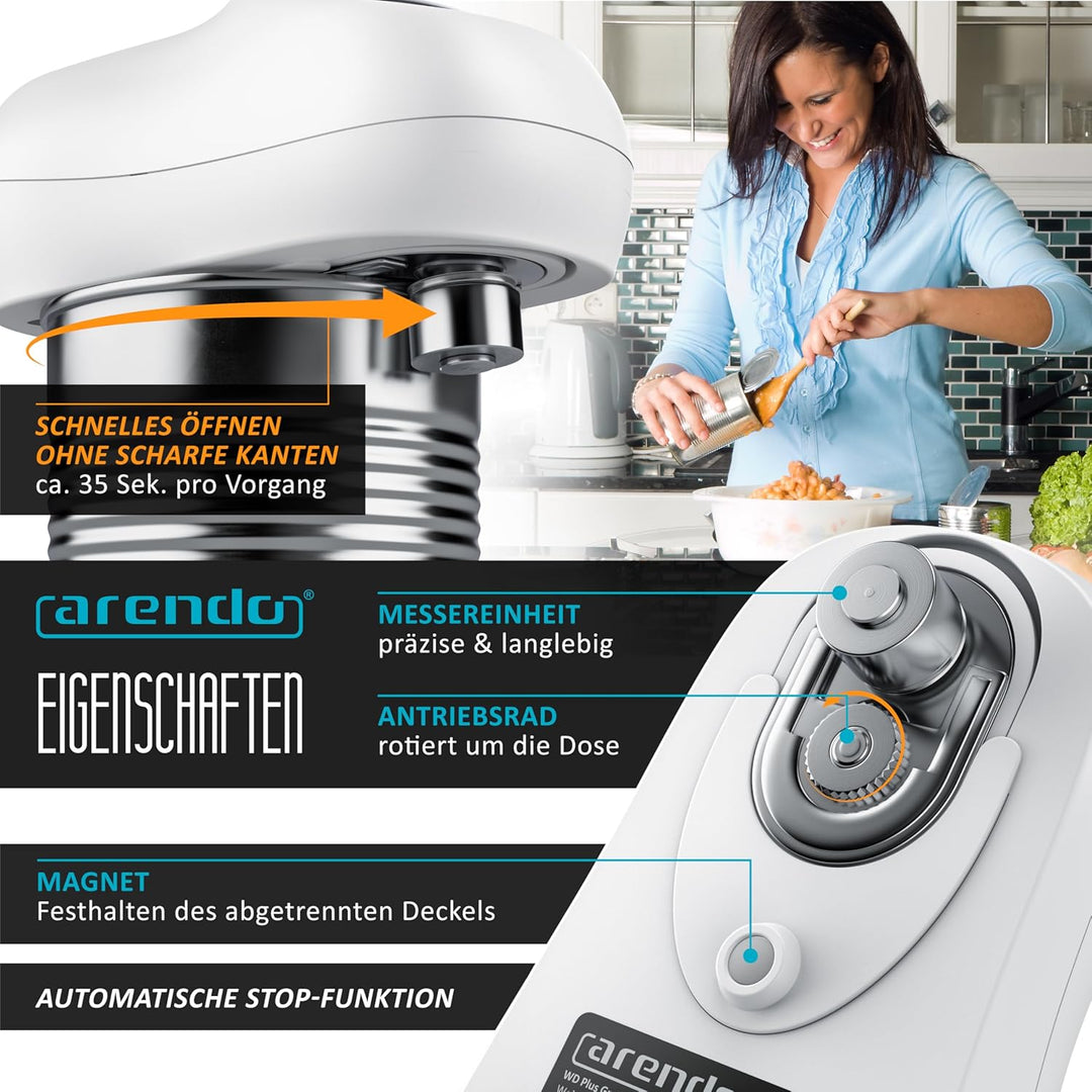 Arendo - Elektrischer Dosenöffner One Touch - mit automatischer 360° Drehung - Öffnung ohne scharfe
