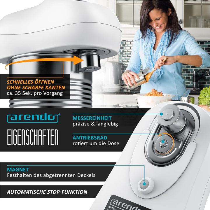 Arendo - Elektrischer Dosenöffner One Touch - mit automatischer 360° Drehung - Öffnung ohne scharfe