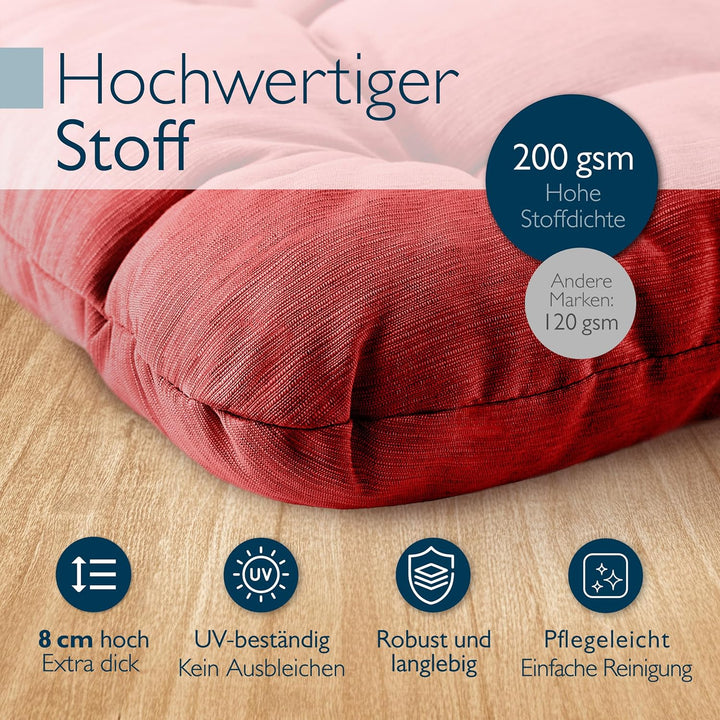 Beautissu 2er Set Premium Stuhlkissen 40x40 cm Rot – UV-beständig &amp; Robust Sitzkissen Outdoor 8 cm d