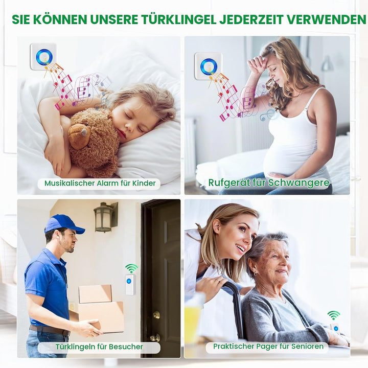Funkklingel Aussen Wasserdicht, 4 Empfänger und 2 Sender, Satisure Türklingel Funk Set, 400m/1300ft