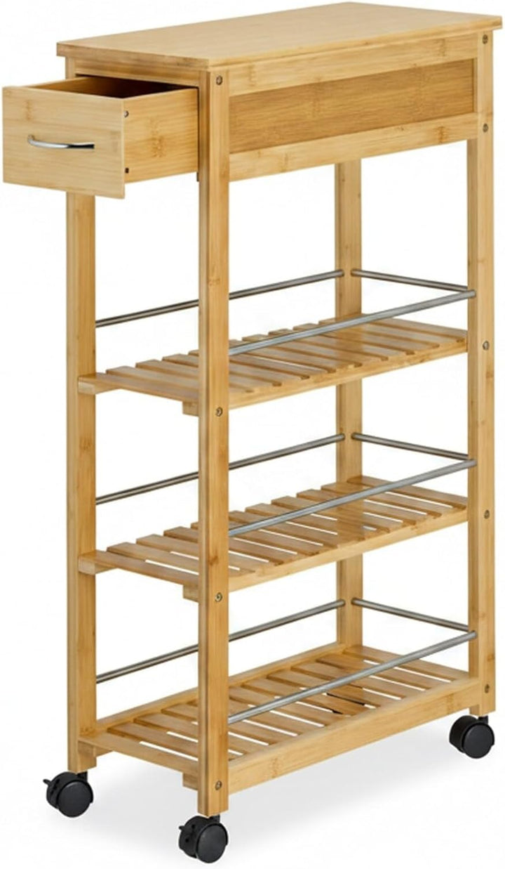 Relaxdays Küchenwagen, Bambus, Schublade, 3 Ablagen, Gewürze, Vorräte, HBT: 86,5 x 25 x 50,5 cm, Rol