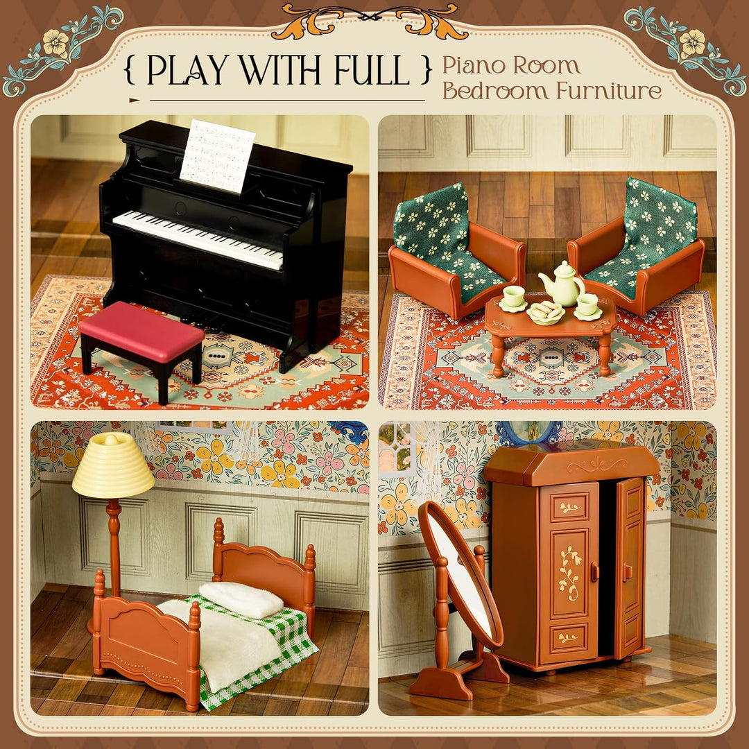Koffer Dollhouse Tragbares Puppenhaus Möbel Zubehör DIY Miniatur Haus mit 2 Flexible Puppen, Klavier