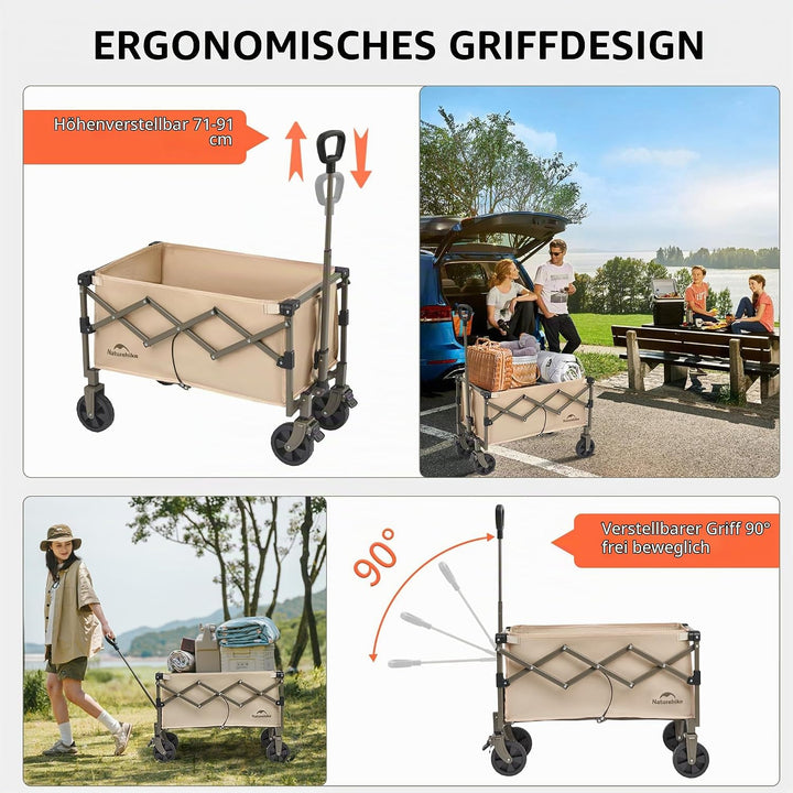 Naturehike Bollerwagen Faltbar mit Bremsen Alle Gelände 70L Klappbarer Handwagen Verstellbarem Griff