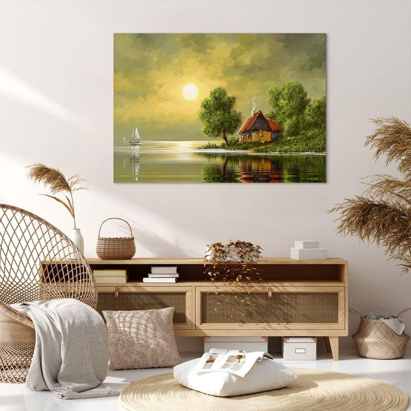 Bilder auf Leinwand 100x70cm Leinwandbild mit Rahmen Boot Wasser Hütte Gross Wanddeko Bild Schlafzim