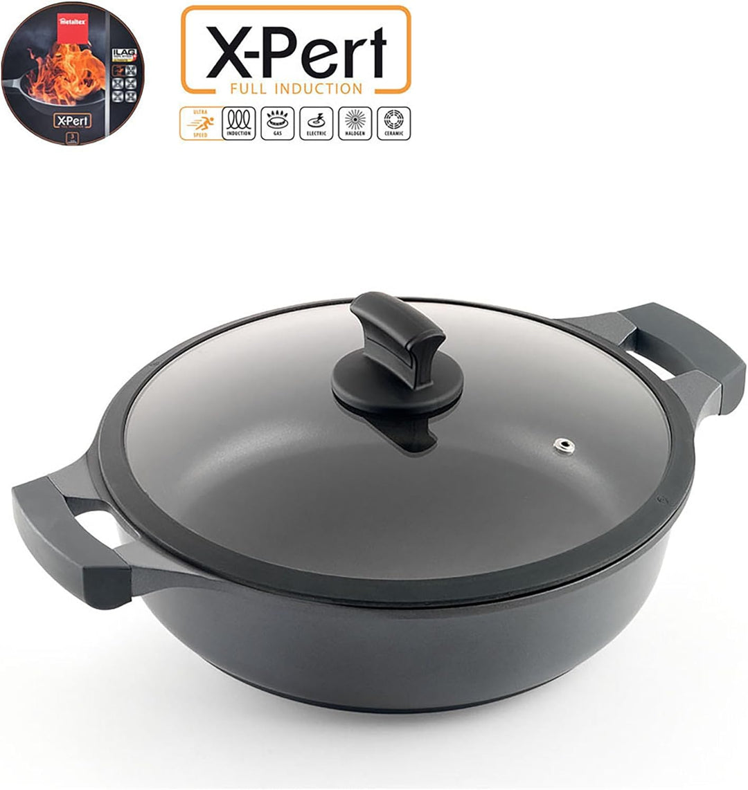 Metaltex XPERT - Low Cast Aluminum Casserole 30 cm with Tempered Glass Lid Niedriger Kochtopf 30 cm,