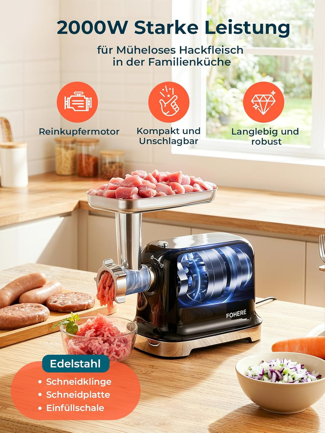 FOHERE Fleischwolf Elektrisch, 2000W Fleischwolf mit 2 Schneidklinge, 3 Schneidplatte (7MM/5MM/3MM),