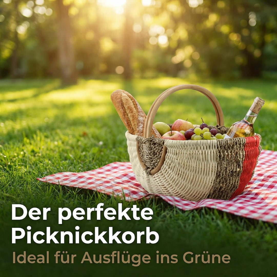 Grosser Einkaufskorb aus Rattan &amp; Seegras, Grün, 48x33x24 cm | Handgeflochtener Picknickkorb mit Hen