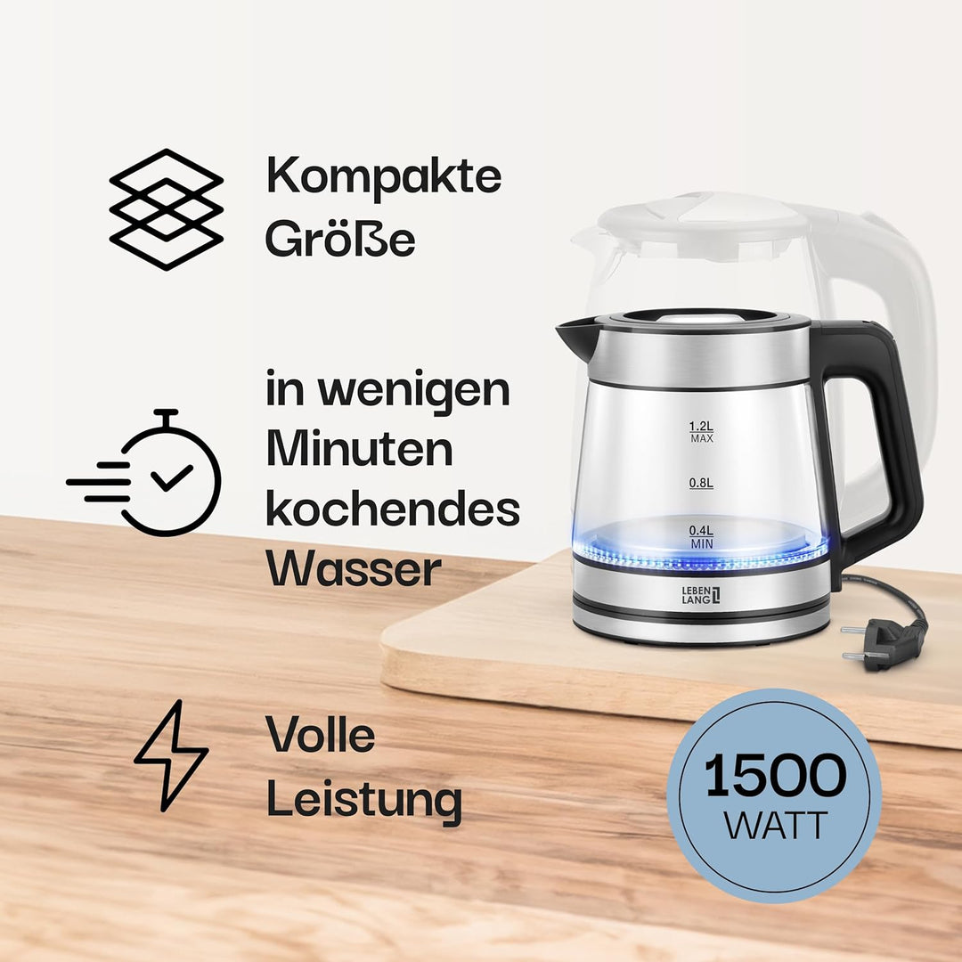 LEBENLANG Glas Wasserkocher klein - 1,2 Liter mit LED Beleuchtung I Edelstahl Design BPA-Frei Wasser