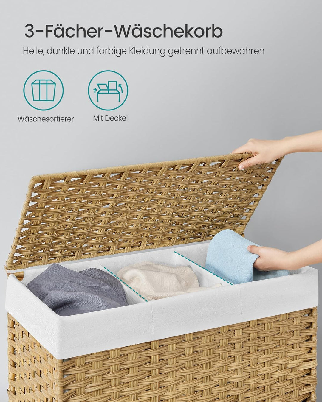 SONGMICS Wäschekorb mit Deckel, 160 L, Wäschesammler 3 Fächer, Wäschesortierer mit Rollen, in Rattan
