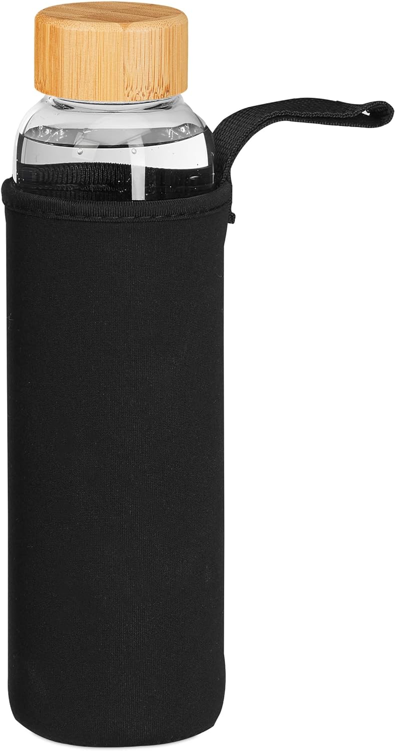 Relaxdays Trinkflasche mit Bambusdeckel, 6er Set, 500 ml, Wasserflasche mit Hülle, Borosilikatglas,