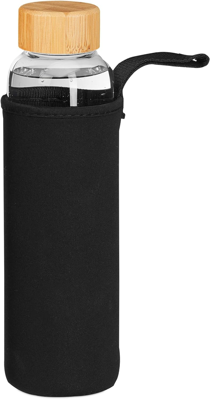 Relaxdays Trinkflasche mit Bambusdeckel, 6er Set, 500 ml, Wasserflasche mit Hülle, Borosilikatglas,