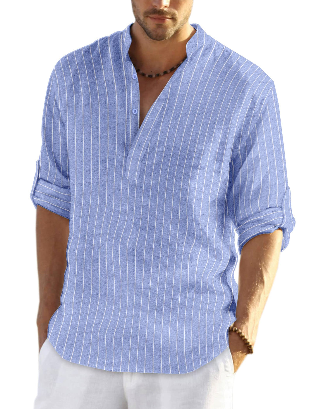 COOFANDY Hemd Herren Langarm Leinenhemd Baumwolle Henley Shirt Casual Regular Fit Sommerhemd XL Blau