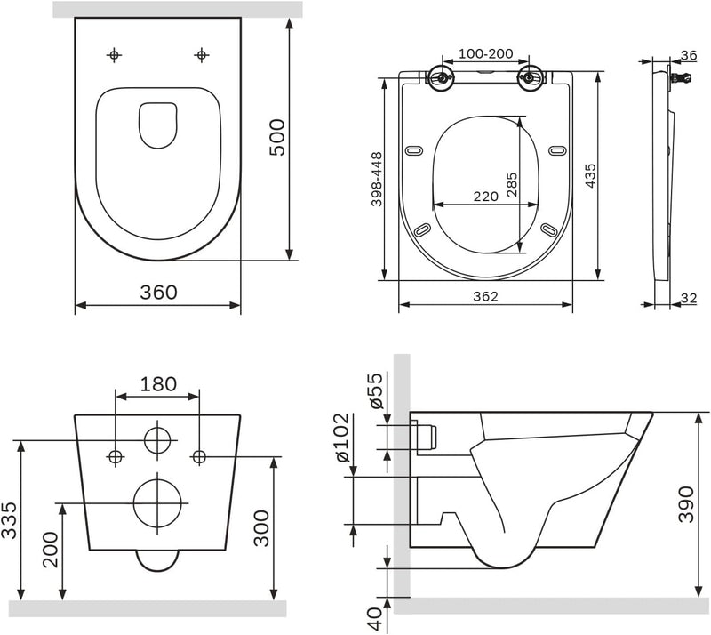 Spülrandloses Wand-WC mit Softclose Toilettensitz - WC-Sitz aus Duroplast mit Absenkautomatik SoftCl