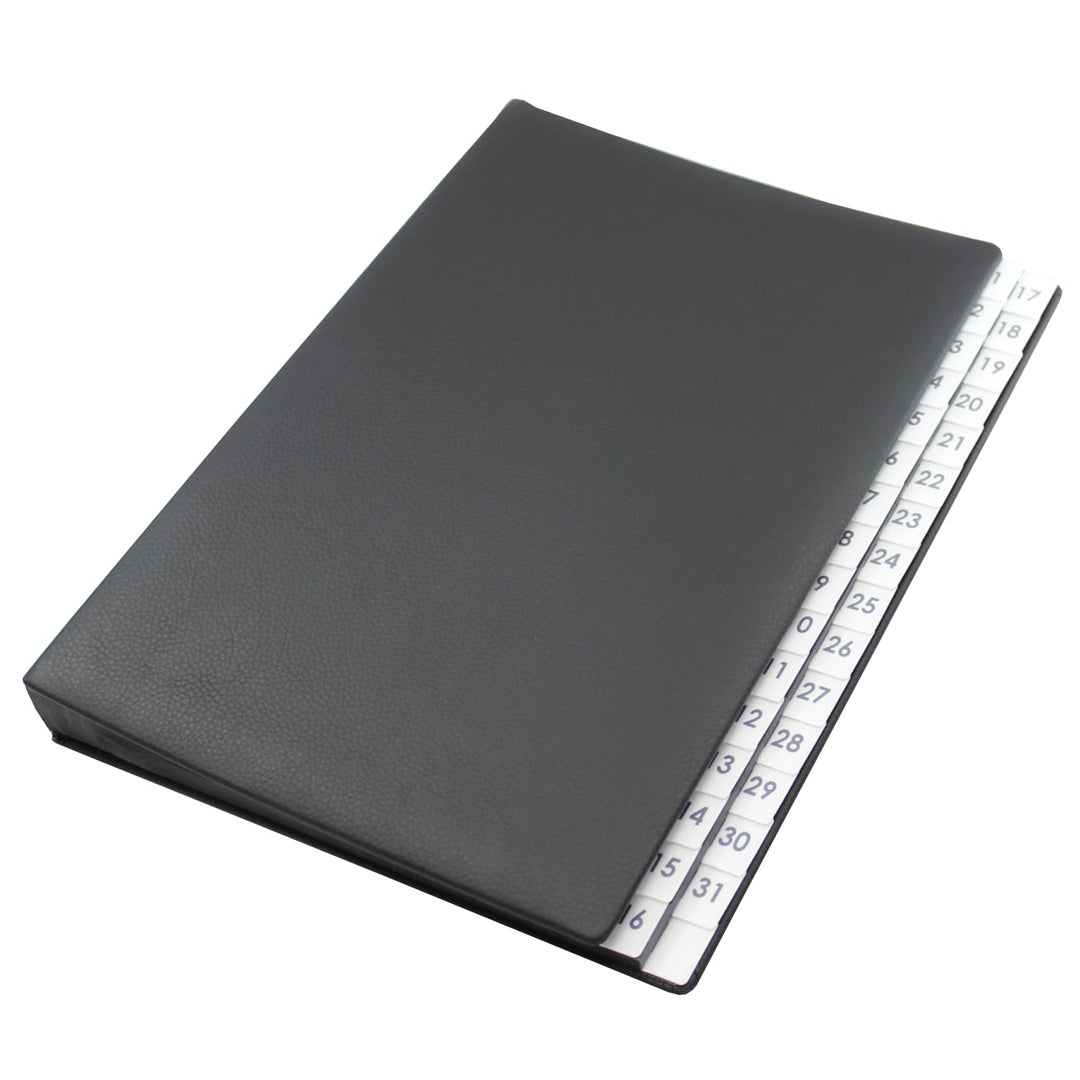 Pultordner mit Register 1-31, genarbtes Vollrindleder in Schwarz, passend für DIN A4, Softcover mit