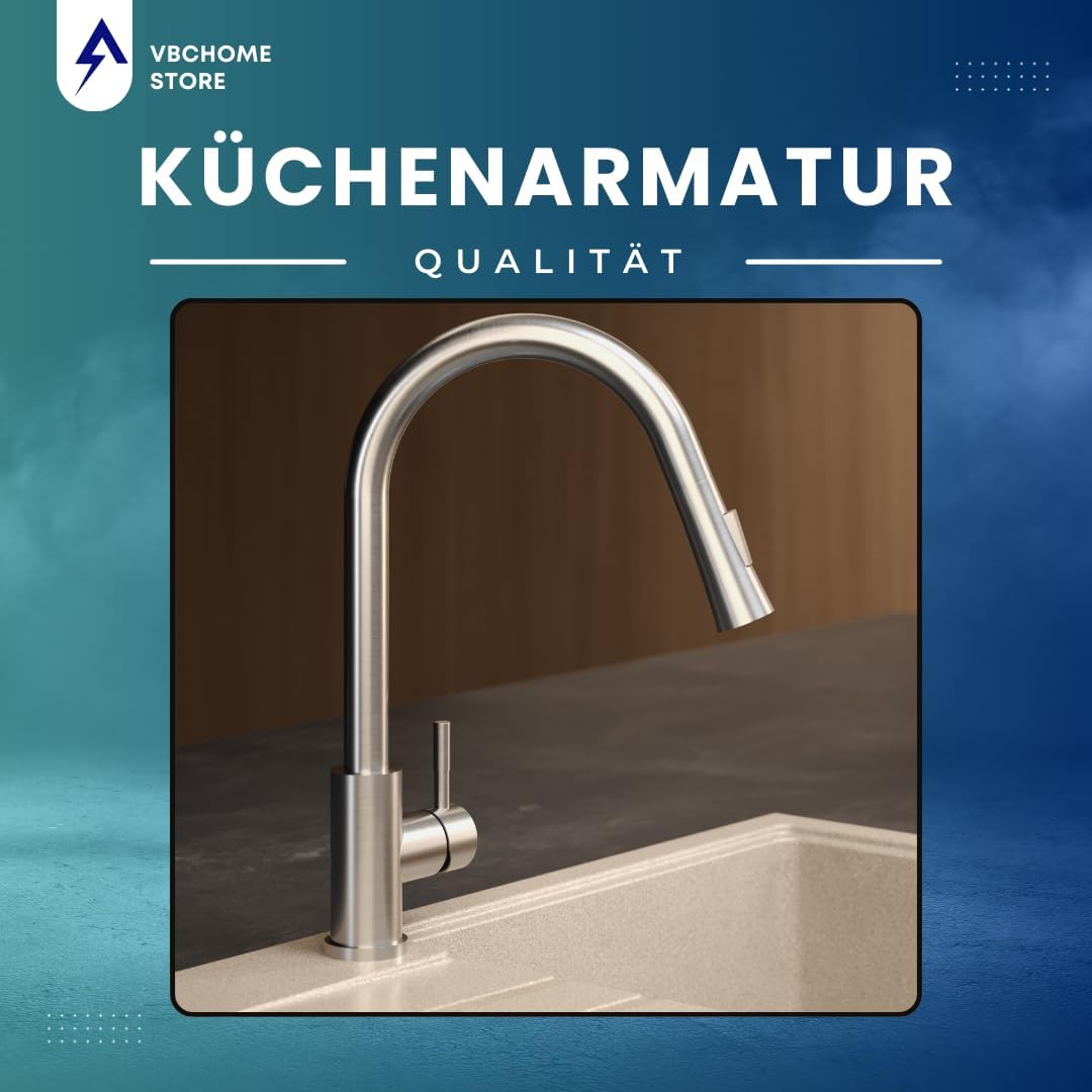 VBChome Küchenarmatur Gebürsteter Edelstahl mit ausziehbarem Auslauf, 360° drehbar, mit Knopf für St