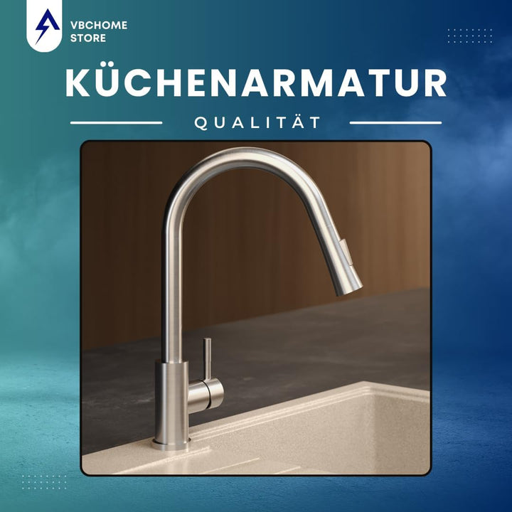 VBChome Küchenarmatur Gebürsteter Edelstahl mit ausziehbarem Auslauf, 360° drehbar, mit Knopf für St