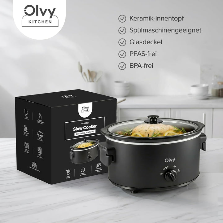 Olvy Slow Cooker 6L Schongarer Keramik-Innentopf 3 Stufen Low High Warm Faltbare Griffe Familie Meal