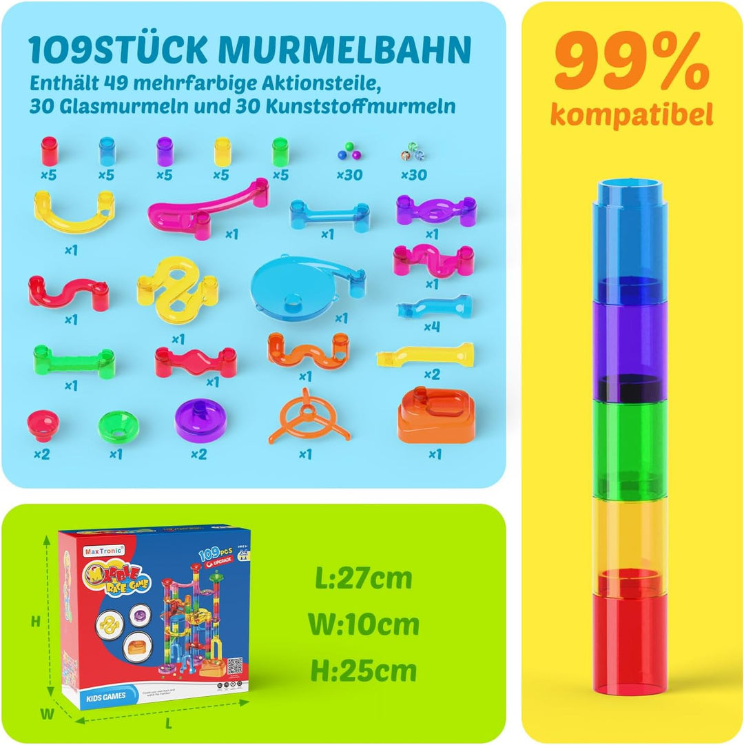 Murmelbahn Logikspiele Mehrfarbige kugelbahn 109 Stück transparent Bahnelementen und murmeln STEM Ma