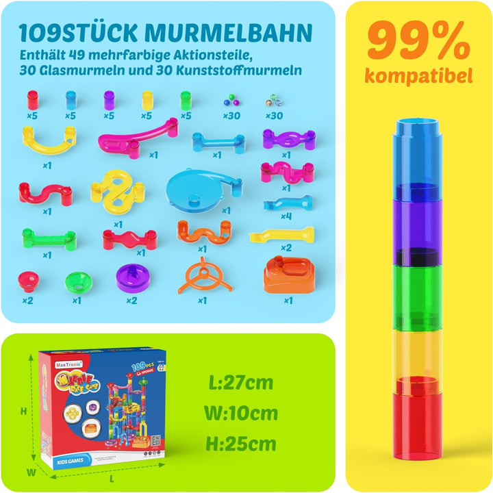 Murmelbahn Logikspiele Mehrfarbige kugelbahn 109 Stück transparent Bahnelementen und murmeln STEM Ma