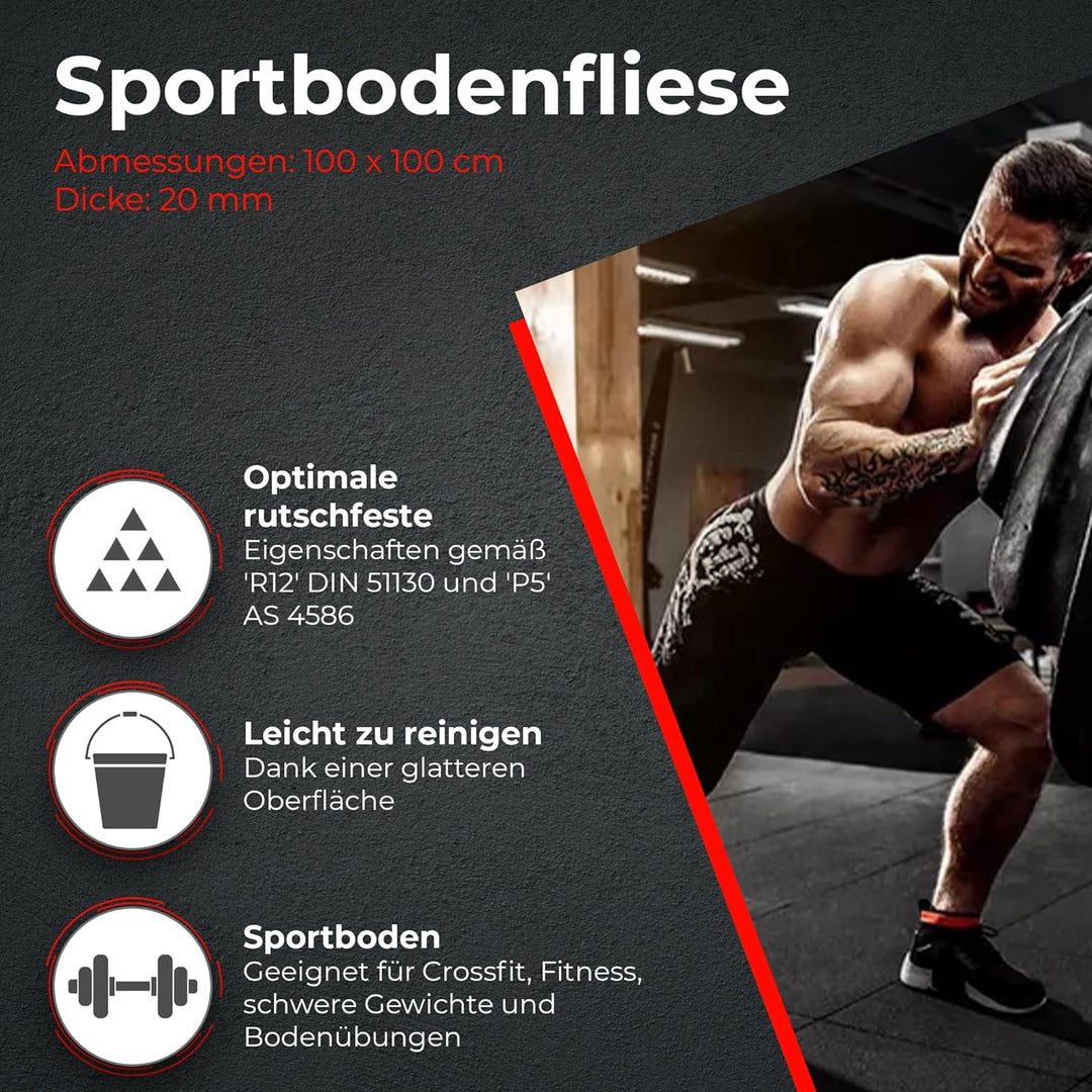 Vivol Fitness Bodenschutzmatte 100x100 cm Schwarz - Feinkörnig - 3 verschiedene Dicken 20mm