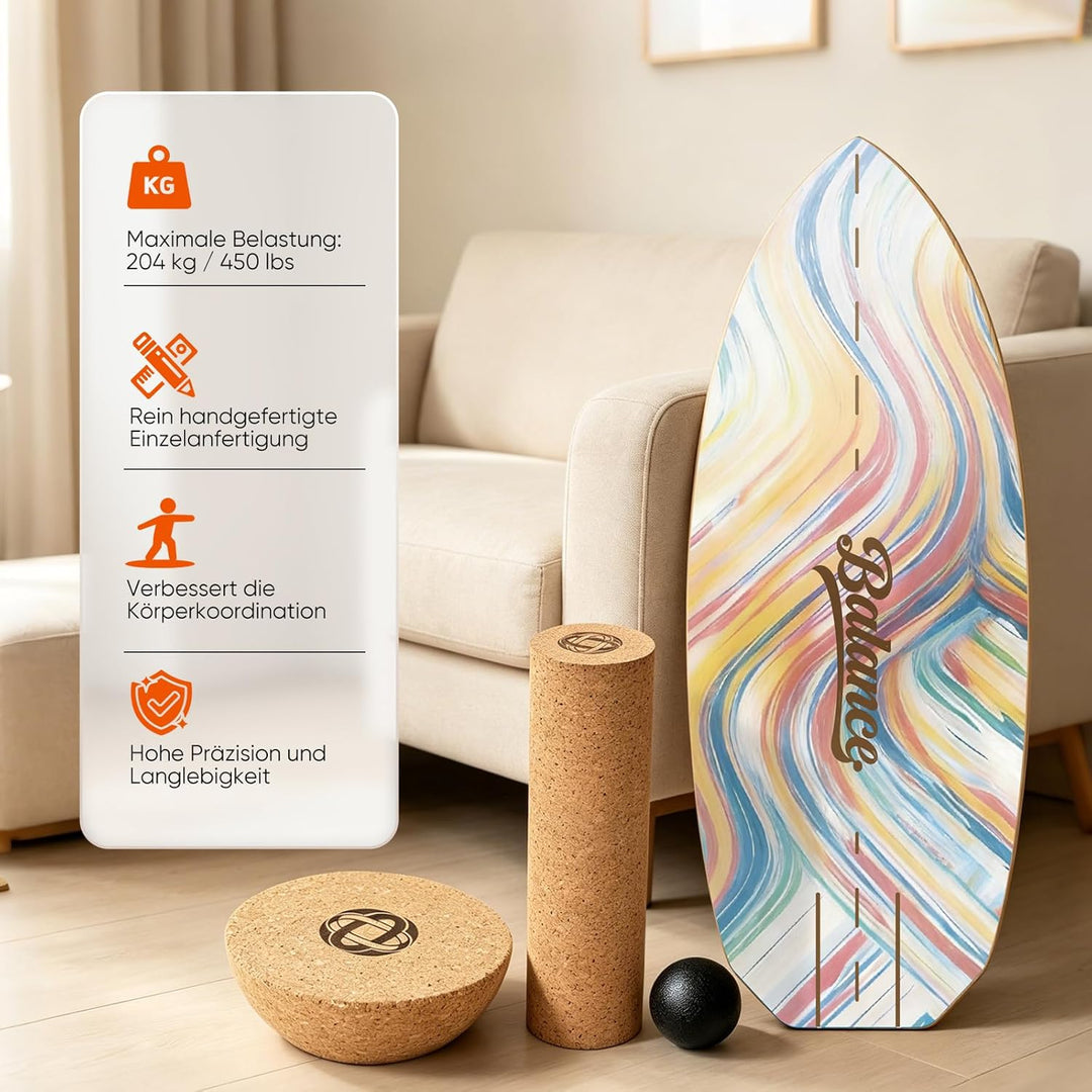 Balance Board Komplett-Set aus Massivholz – 4-in-1 Gleichgewichtsboard mit Rolle, Halbkugel & Faszie