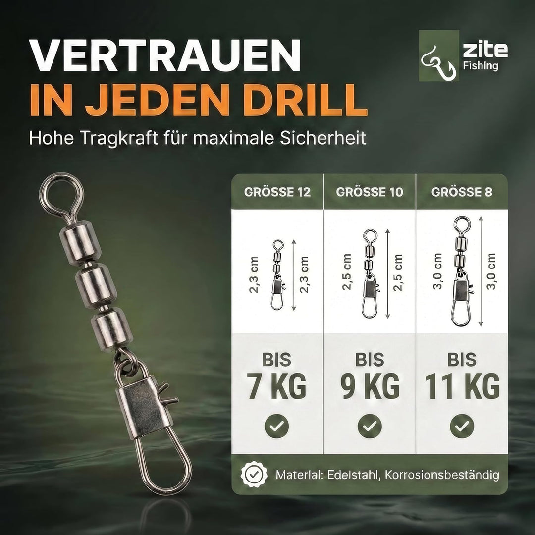 Zite Fishing Dreifach-Wirbel Sortiment 60 Stück - Inklusive praktischer Sortier-Box - Angelwirbel-Se