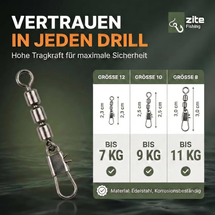 Zite Fishing Dreifach-Wirbel Sortiment 60 Stück - Inklusive praktischer Sortier-Box - Angelwirbel-Se