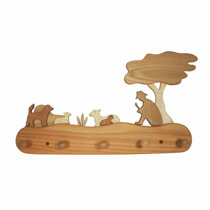 Kindergarderobe aus Holz 5 Haken - Schäfer mit Weidentieren, Kleiderhaken für Kinder, Kinderzimmerde