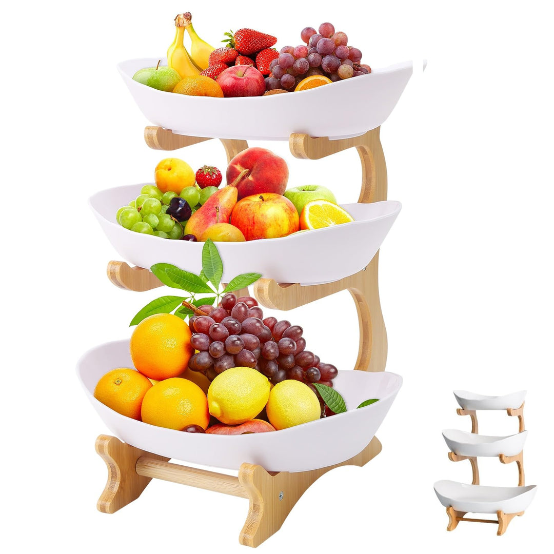 Obstschalenkorb, 3-stöckig, Servierschalen, Tablett-Set, Obstkorbständer mit Holzregal für Unterhalt