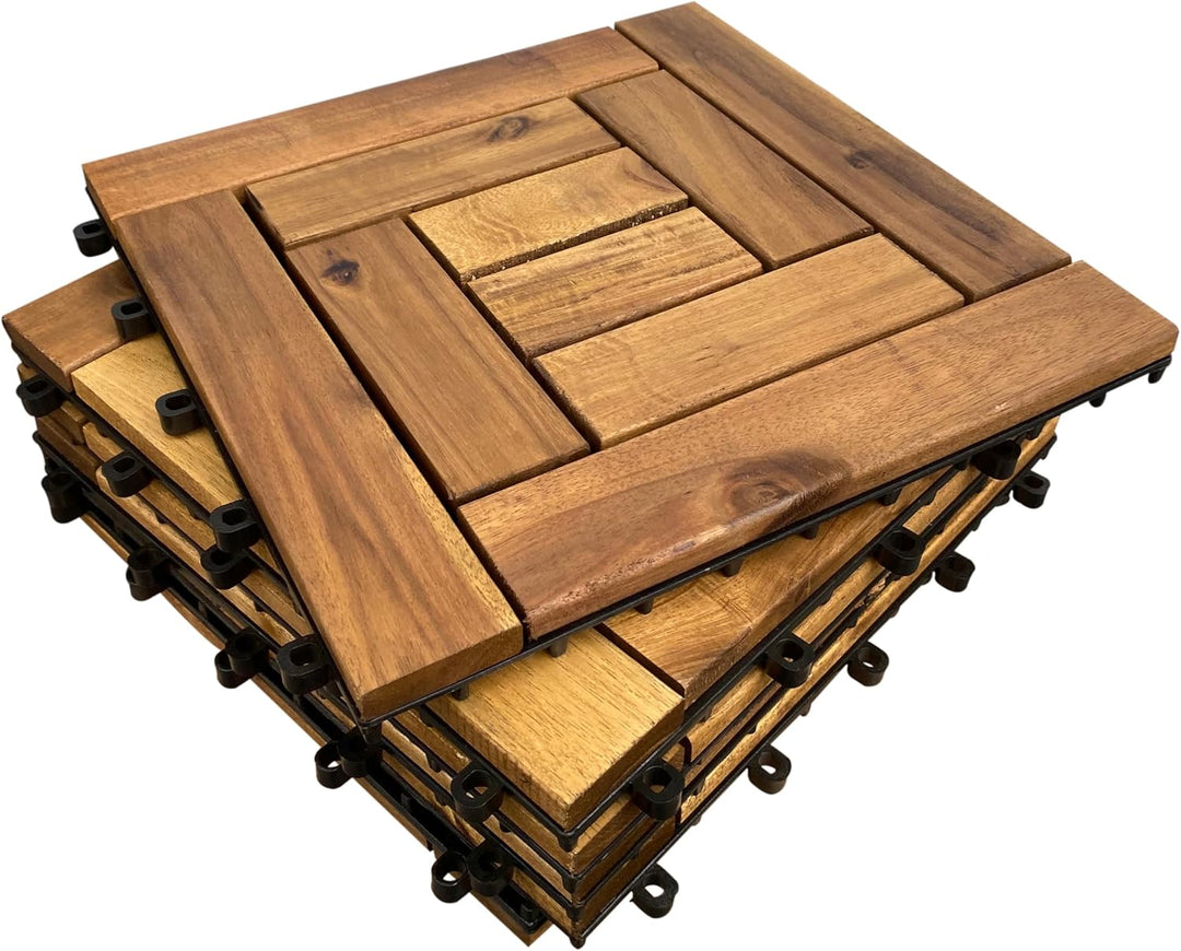 6 x Holzfliesen aus Akazien-Hartholz, ineinandergreifend, 10 Lamellen Terrasse, Garten, Balkon, Whir