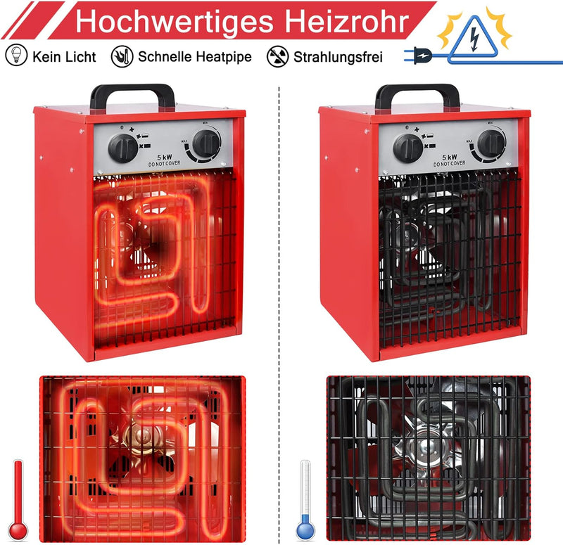 Aufun 5KW Heizlüfter, Profi-Industrie Elektroheizer Heizgerät mit 3 Heizstufen MK02-50H, Überlastsch