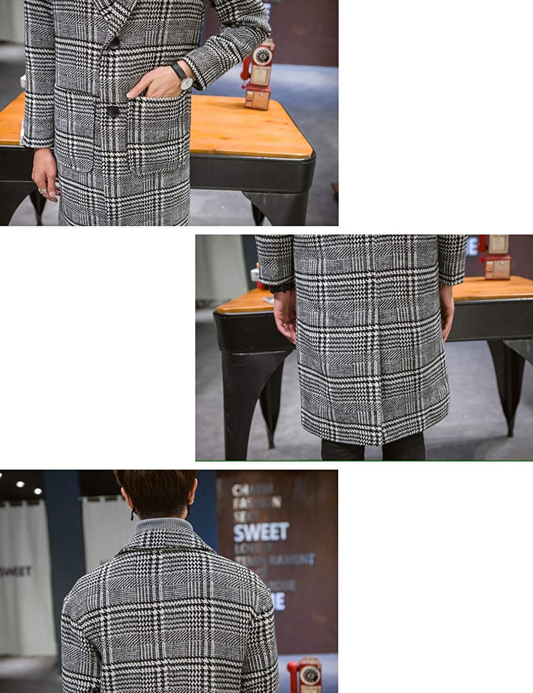 UANEO Herren Winter-Trenchcoat mit eingekerbtem Kragen, einreihig, kariert, mittellang, Peacoat-Über