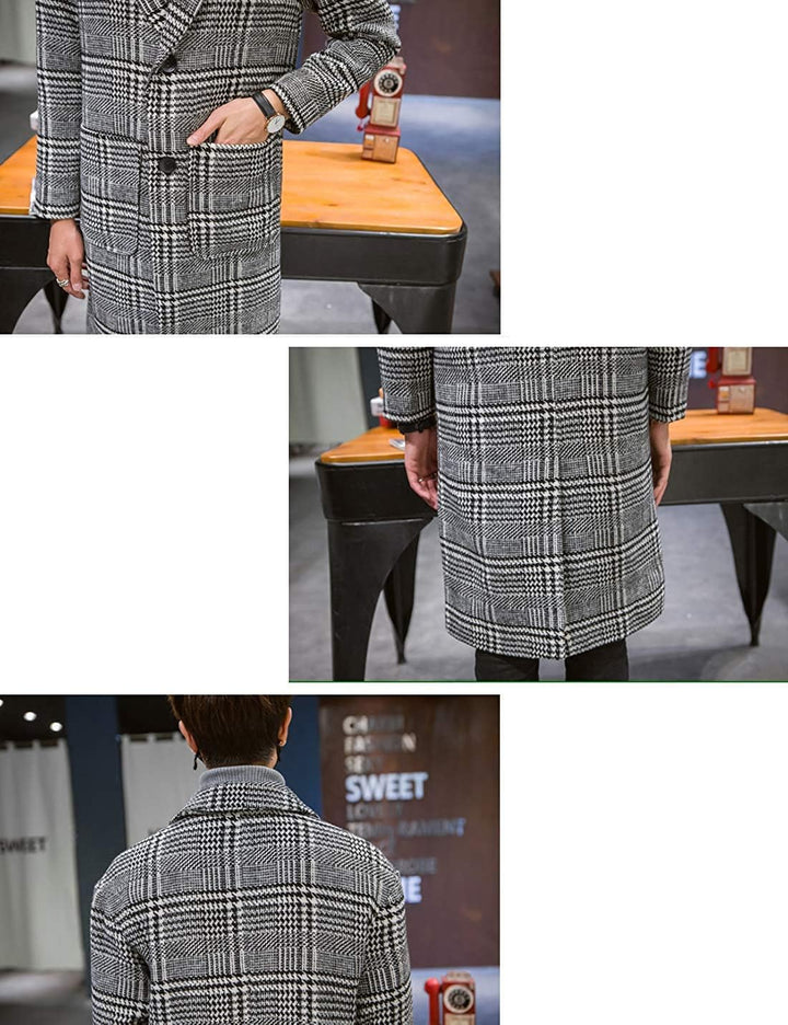 UANEO Herren Winter-Trenchcoat mit eingekerbtem Kragen, einreihig, kariert, mittellang, Peacoat-Über